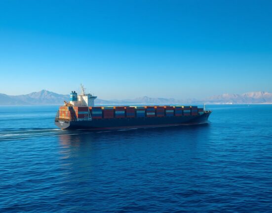 Container ship navigating the strategic Strait of Hormuz waterway during peaceful conditions