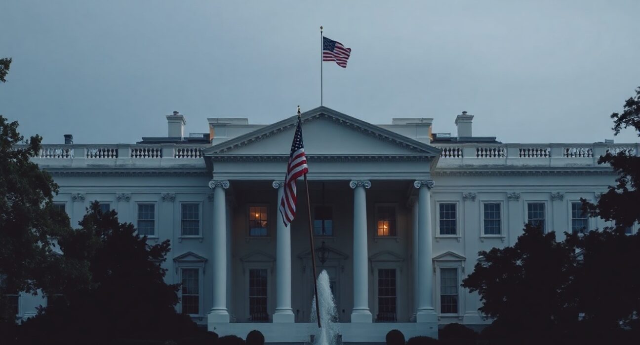 White House at dusk, symbolizing US foreign policy and Iran stance under Trump