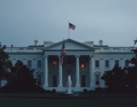 White House at dusk, symbolizing US foreign policy and Iran stance under Trump