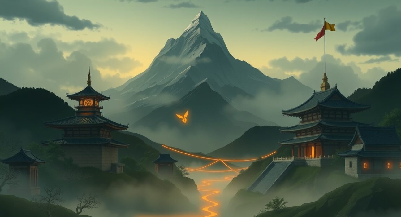 Symbolic representation of Trump administration's Iran conflict strategy and economic policy decisions affecting global relations.