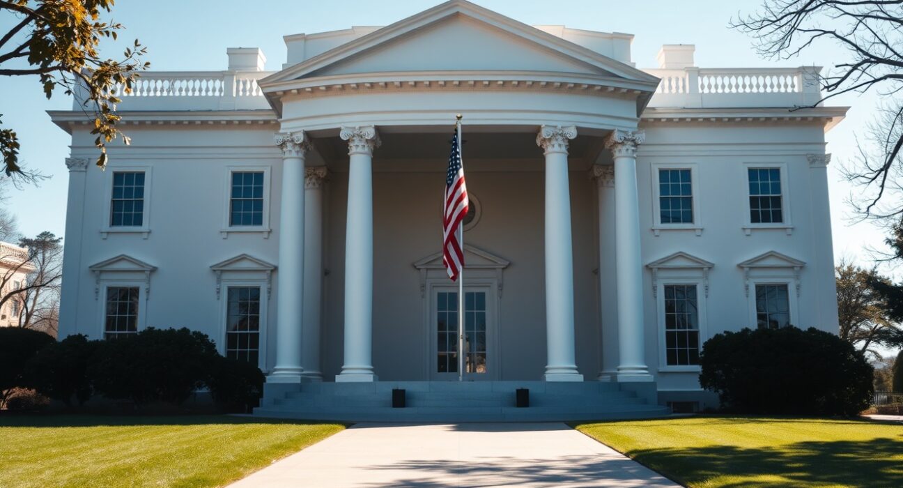 White House entrance on a sunny day with American flag flying, symbolizing US executive authority and foreign policy decisions.