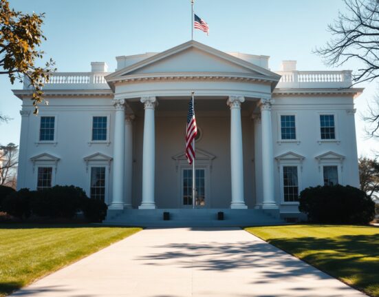White House entrance on a sunny day with American flag flying, symbolizing US executive authority and foreign policy decisions.