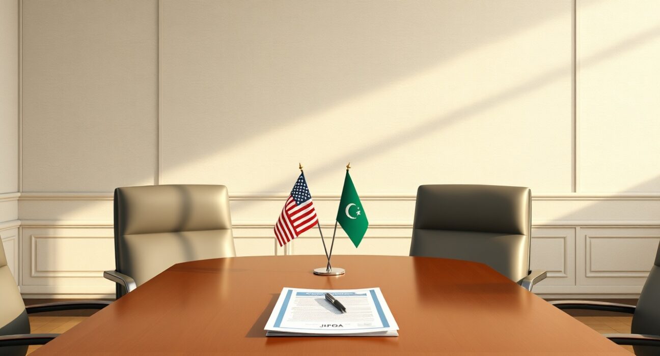 Diplomatic meeting setting representing potential Trump visit to Islamabad contingent on Iran nuclear deal negotiations