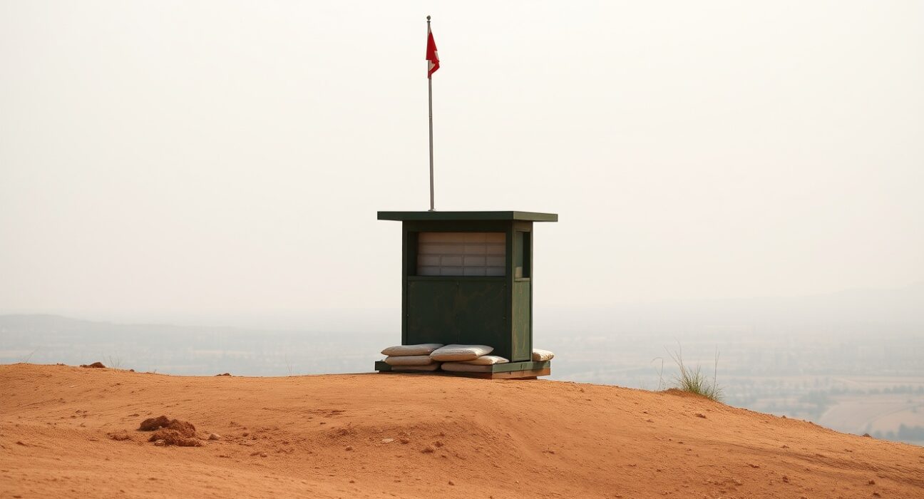 Wide landscape view of the Israel-Lebanon border with a quiet military observation post under a cloudy sky.