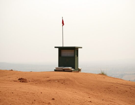 Wide landscape view of the Israel-Lebanon border with a quiet military observation post under a cloudy sky.