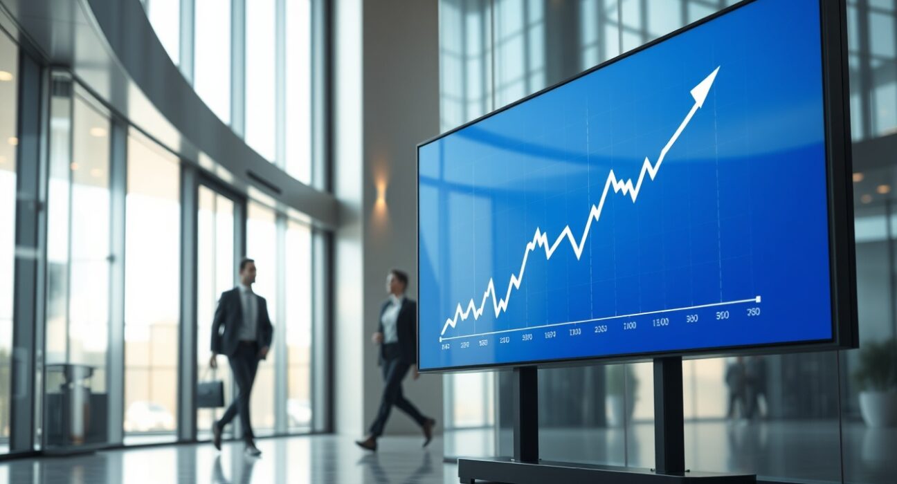 Modern corporate lobby with a digital display showing a rising stock chart for Kalshi