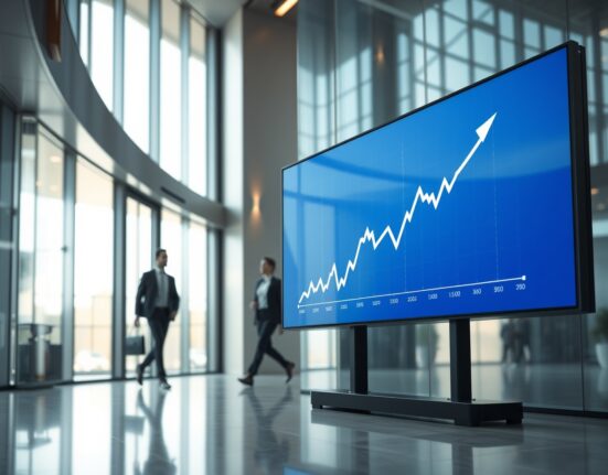 Modern corporate lobby with a digital display showing a rising stock chart for Kalshi