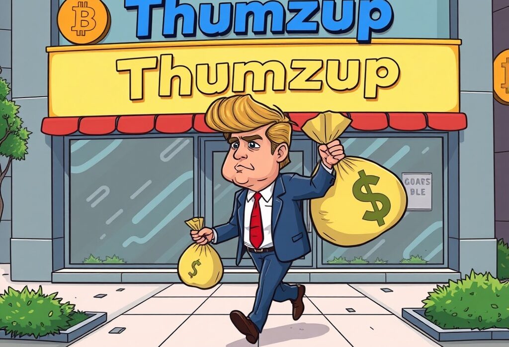 Cartoon illustration depicting Donald Trump Jr. celebrating a successful Trump Jr. Thumzup stock sale, symbolizing his significant profit.