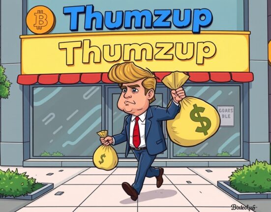 Cartoon illustration depicting Donald Trump Jr. celebrating a successful Trump Jr. Thumzup stock sale, symbolizing his significant profit.