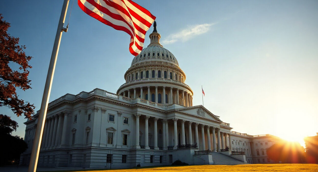 U.S. Capitol Building with American flag flying in foreground during golden hour.