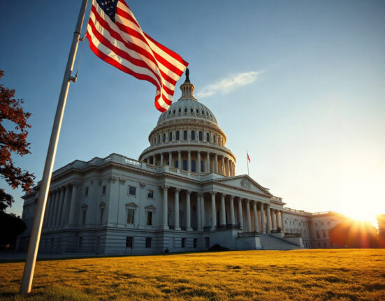 U.S. Capitol Building with American flag flying in foreground during golden hour.