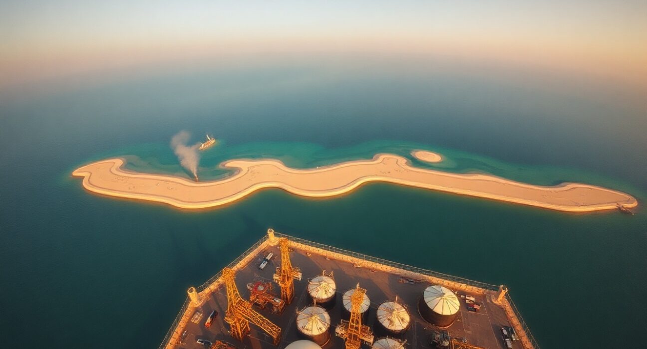 Aerial view of Iran's Kharg Island oil terminal in the Persian Gulf with storage tanks and loading facilities