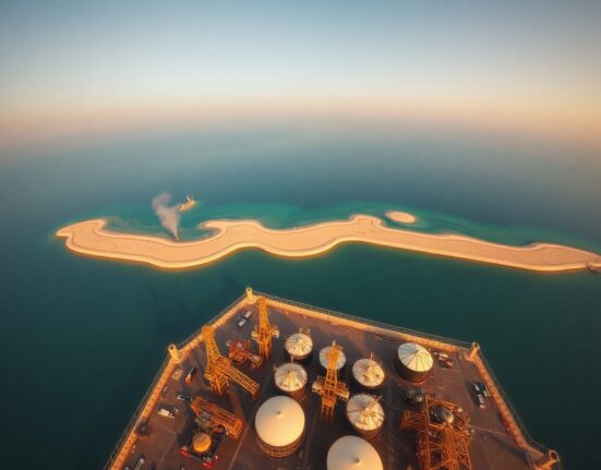 Aerial view of Iran's Kharg Island oil terminal in the Persian Gulf with storage tanks and loading facilities