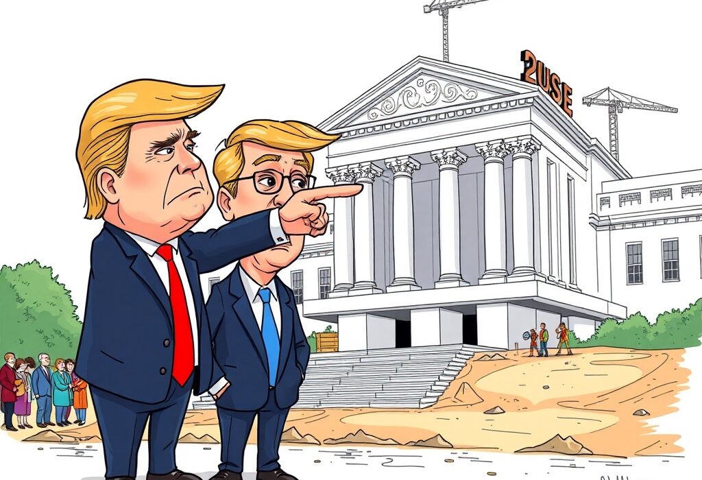 Cartoon illustration of Donald Trump and Jerome Powell amidst a large, expensive building, symbolizing the Trump lawsuit over Fed building costs.
