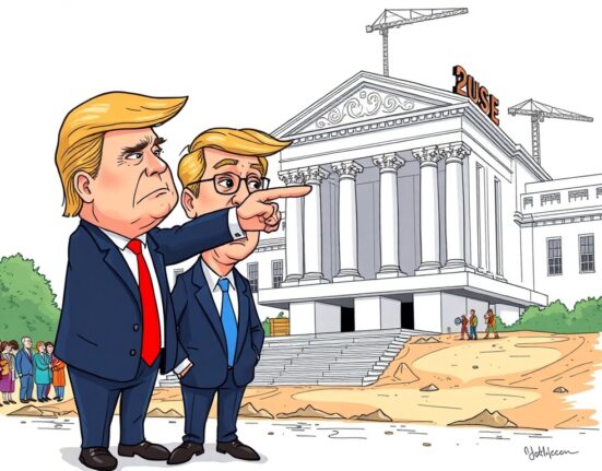 Cartoon illustration of Donald Trump and Jerome Powell amidst a large, expensive building, symbolizing the Trump lawsuit over Fed building costs.