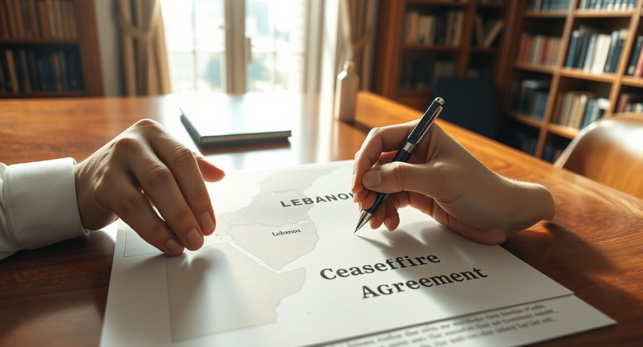 Symbolic representation of the Lebanon Israel ceasefire agreement being finalized.