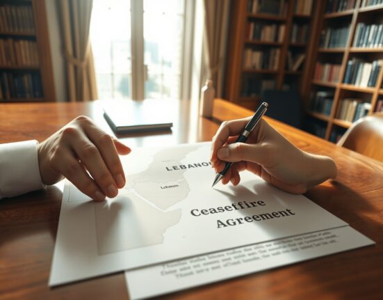 Symbolic hands over a map marking the Trump-announced Lebanon Israel ceasefire agreement.