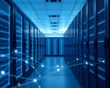 Modern data center interior with server racks, representing Anthropic's AI infrastructure