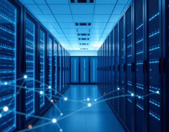 Modern data center interior with server racks, representing Anthropic's AI infrastructure