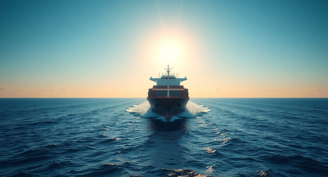 A large cargo ship sailing in open ocean waters under a clear sky, representing the lifting of a naval blockade.
