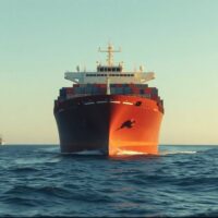 Cargo ship sailing through open ocean after naval blockade lifted