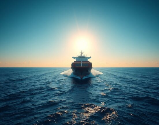 A large cargo ship sailing in open ocean waters under a clear sky, representing the lifting of a naval blockade.