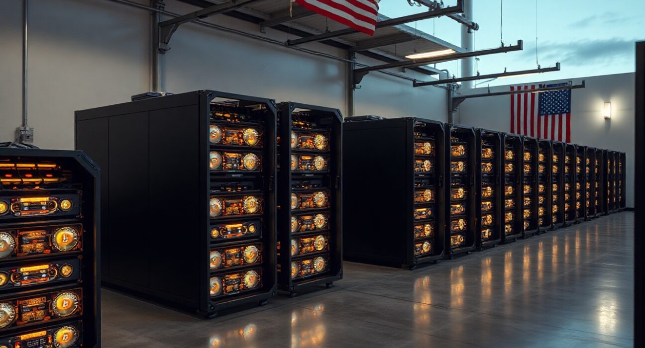 Interior of a Bitcoin mining facility with rows of mining rigs, symbolizing American Bitcoin's operations.