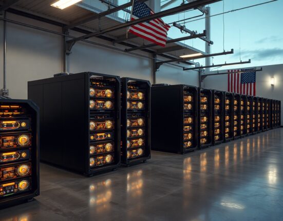 Interior of a Bitcoin mining facility with rows of mining rigs, symbolizing American Bitcoin's operations.