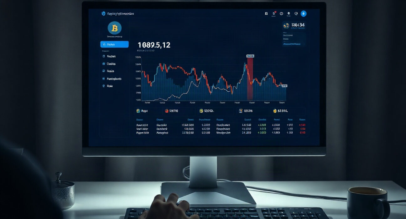A cryptocurrency trading dashboard on a monitor, showing a wallet address and market data.