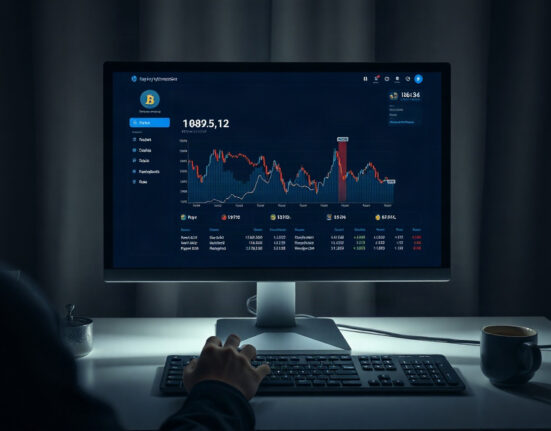 A cryptocurrency trading dashboard on a monitor, showing a wallet address and market data.