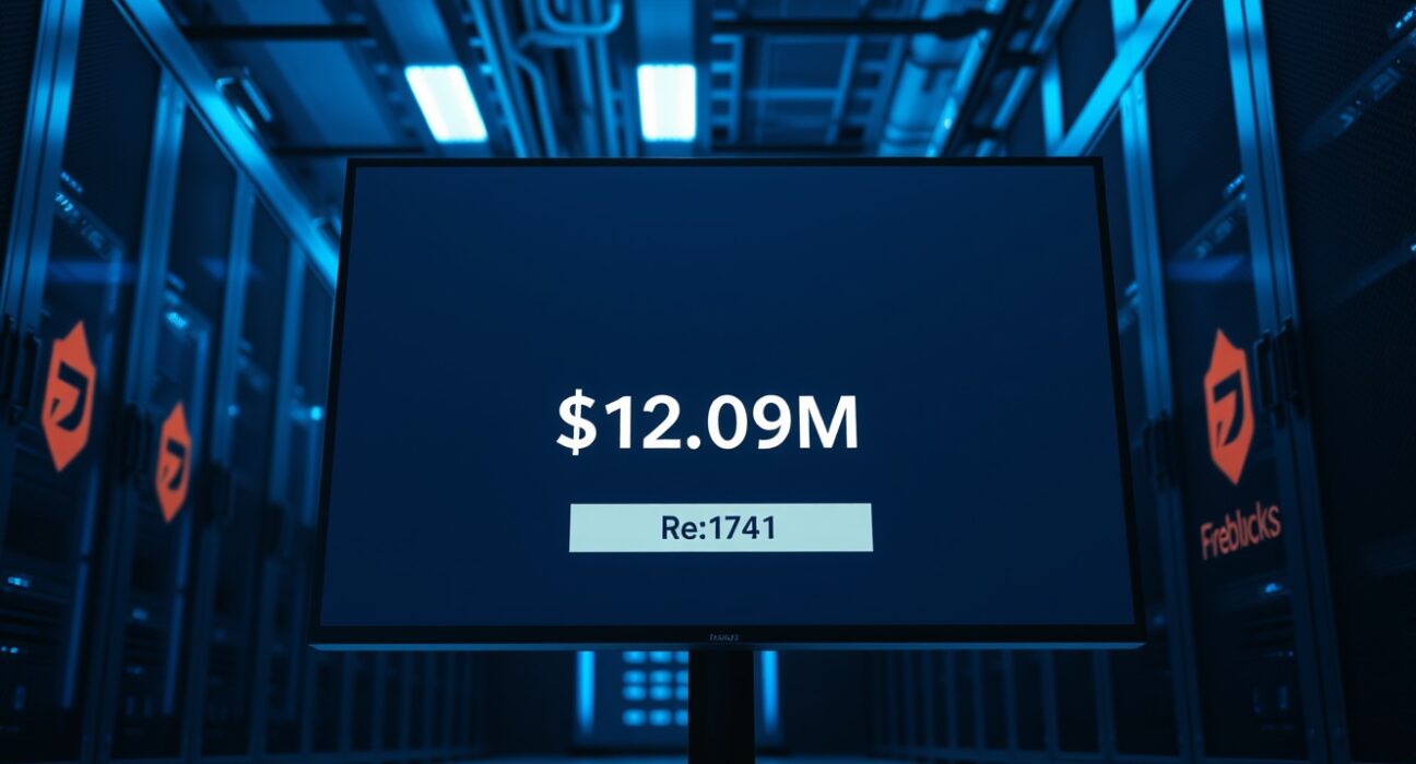 Digital wallet interface showing a $12.09 million TRUMP token transfer to Fireblocks in a data center setting.