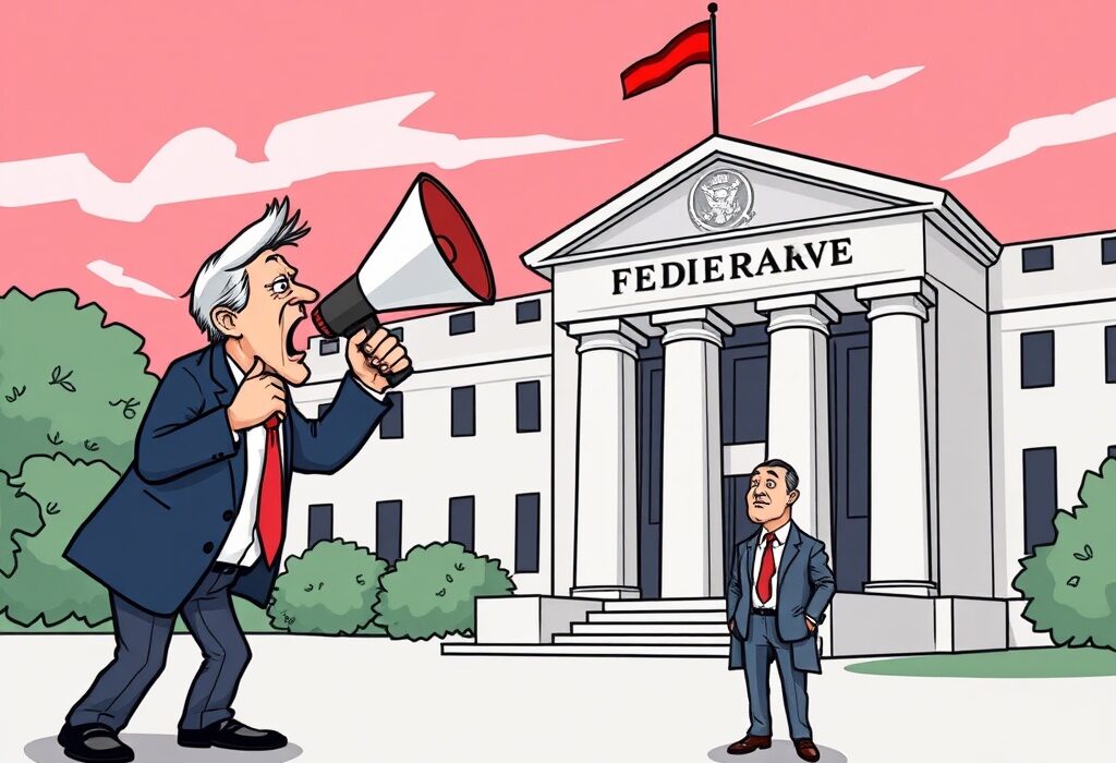 A cartoon image showing a political figure emphatically calling for Lisa Cook's resignation from the Federal Reserve, symbolizing a significant challenge to the institution's independence.