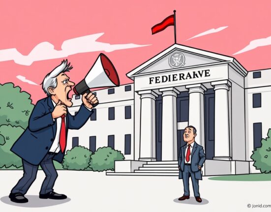 A cartoon image showing a political figure emphatically calling for Lisa Cook's resignation from the Federal Reserve, symbolizing a significant challenge to the institution's independence.