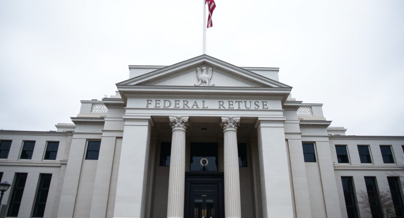 Exterior of the Federal Reserve building in Washington, D.C., on a cloudy day.