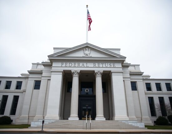 Exterior of the Federal Reserve building in Washington, D.C., on a cloudy day.