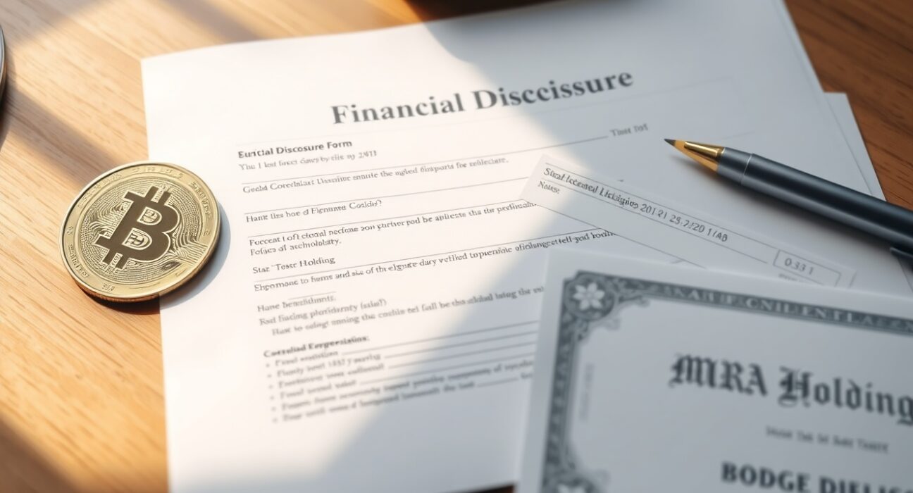 Financial disclosure form with Bitcoin coin and MARA Holdings stock certificate