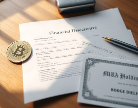 Financial disclosure form with Bitcoin coin and MARA Holdings stock certificate