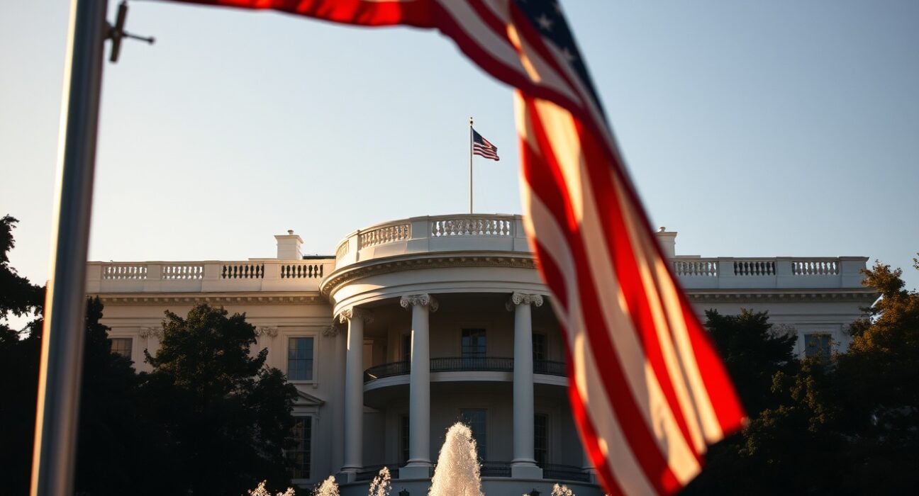White House with American flag waving on a sunny day, representing presidential pardon discussions.