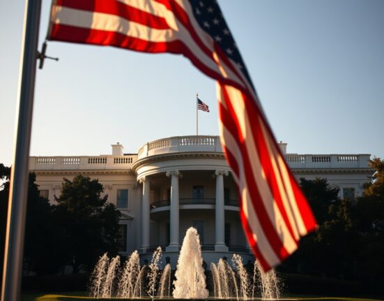 White House with American flag waving on a sunny day, representing presidential pardon discussions.