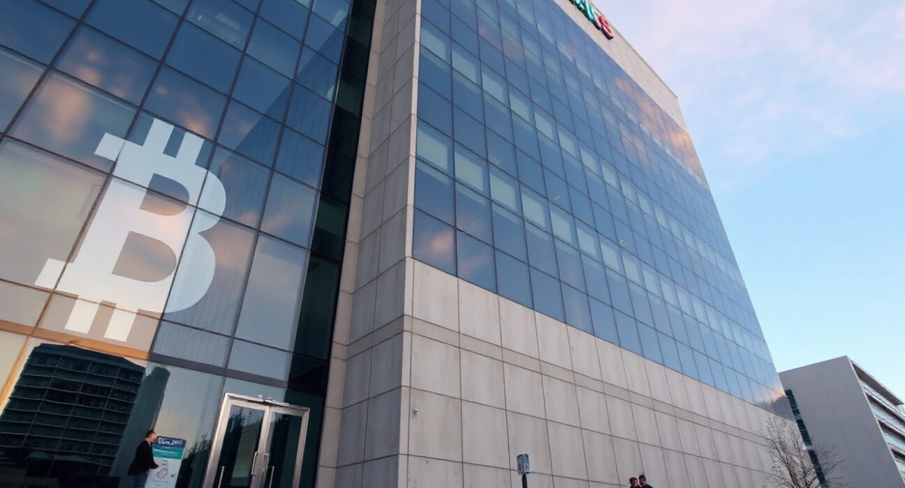 Trump Media headquarters building with digital Bitcoin symbols reflecting on glass