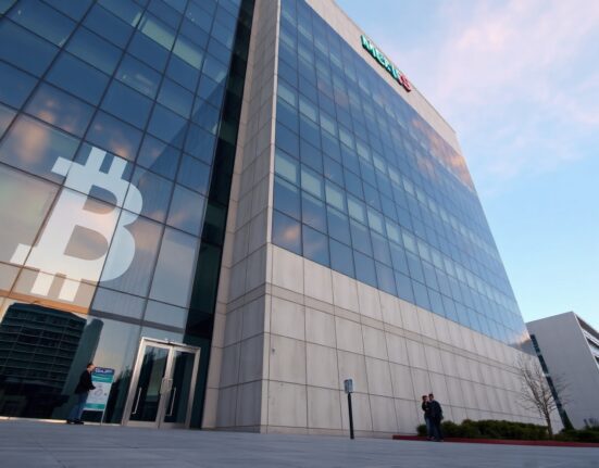 Trump Media headquarters building with digital Bitcoin symbols reflecting on glass