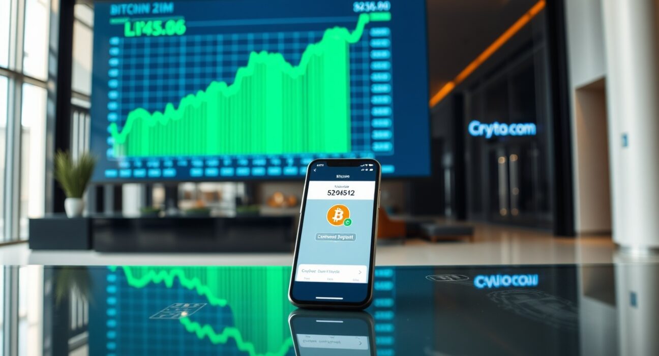 Corporate lobby with Bitcoin price chart on digital display and smartphone showing Crypto.com deposit confirmation.