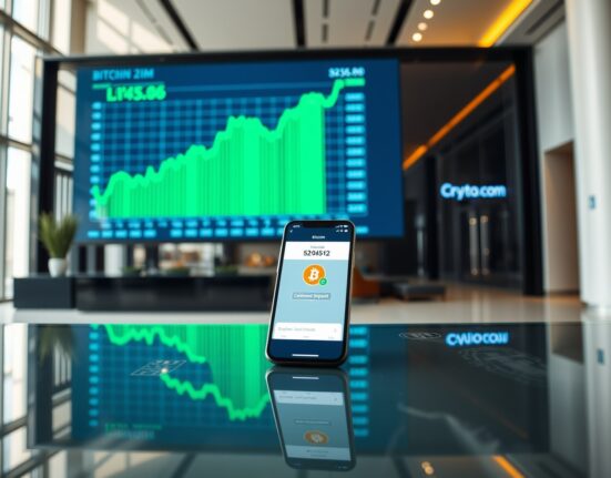 Corporate lobby with Bitcoin price chart on digital display and smartphone showing Crypto.com deposit confirmation.