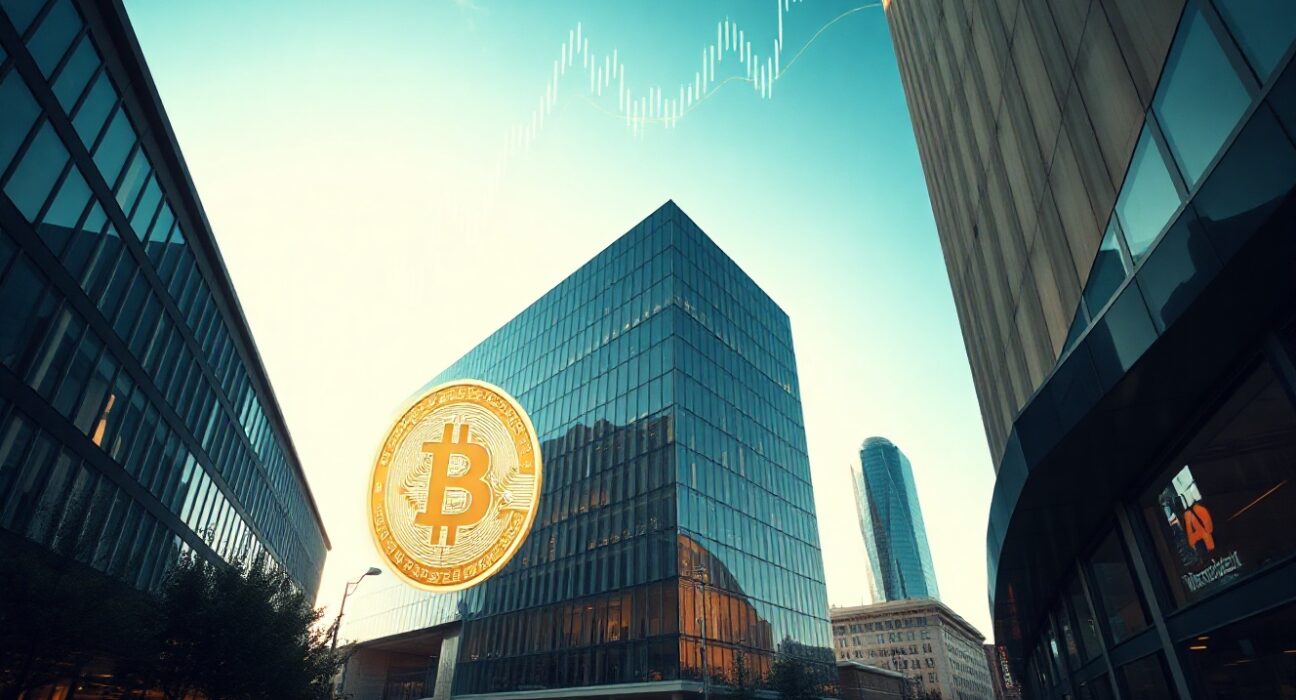 Corporate building with digital financial graphics symbolizing Trump Media's Bitcoin holdings and crypto losses.