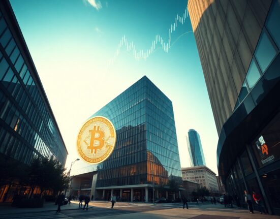 Corporate building with digital financial graphics symbolizing Trump Media's Bitcoin holdings and crypto losses.