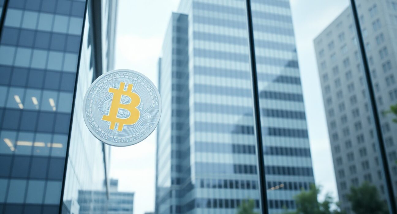 Corporate office building with a Bitcoin symbol reflection, representing Trump Media's growing Bitcoin treasury.