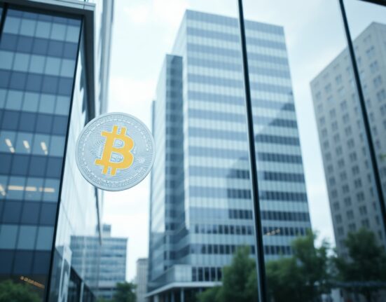Corporate office building with a Bitcoin symbol reflection, representing Trump Media's growing Bitcoin treasury.