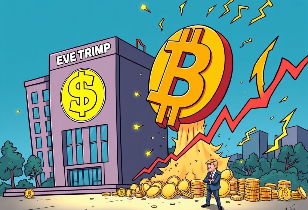 A cartoon illustration symbolizing Trump Media Bitcoin investment, showing a large sum of money transforming into Bitcoin amidst market volatility.
