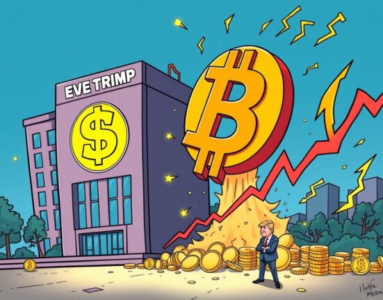 A cartoon illustration symbolizing Trump Media Bitcoin investment, showing a large sum of money transforming into Bitcoin amidst market volatility.