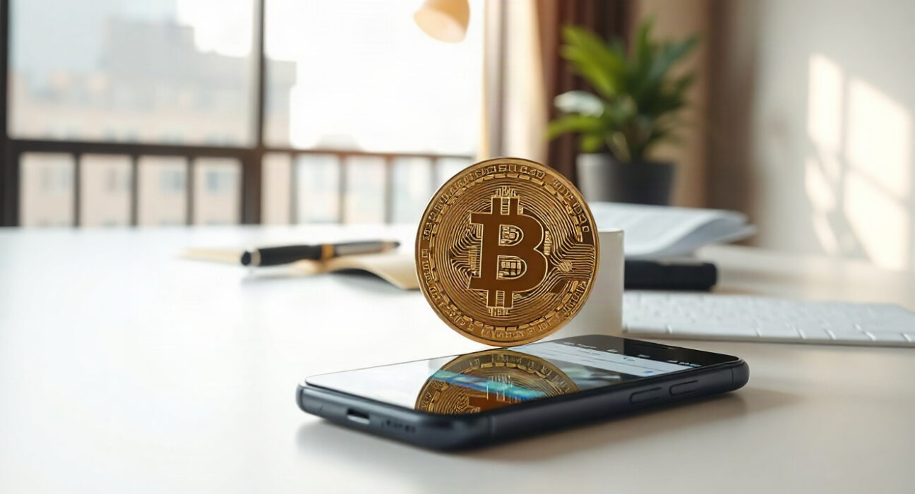 Bitcoin coin near a smartphone showing Crypto.com app, representing the recent transfer